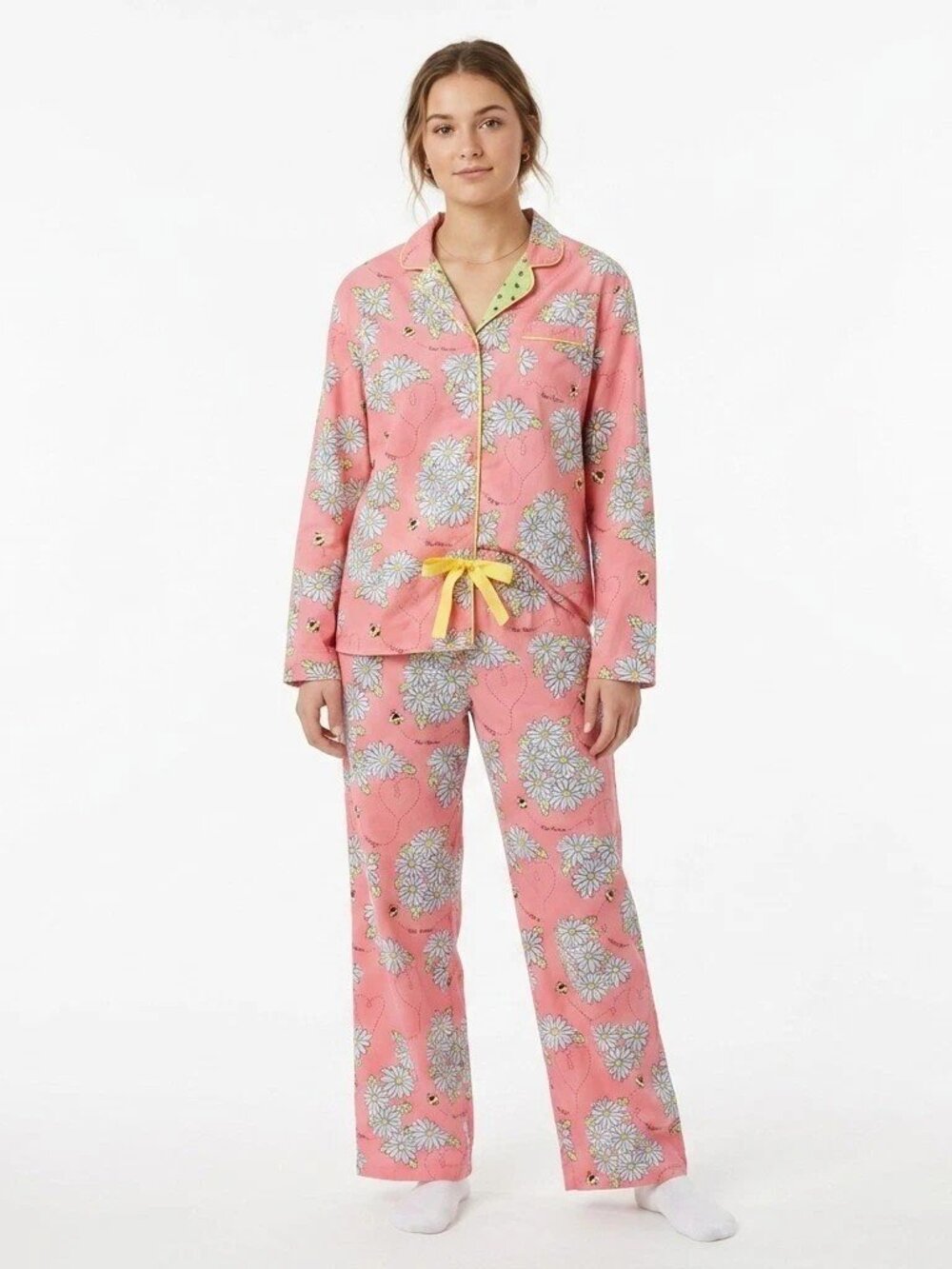 Vintage Nick & Nora Pajama Set Women XL Pink Daisy Bee Mine Cotton Sleepwear y2k